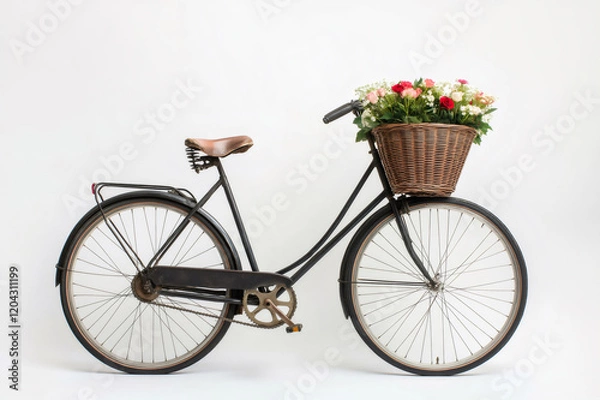 Fototapeta Black vintage bicycle with wicker basket full of colorful flowers on white background, perfect for romantic concepts