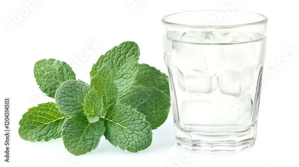 Fototapeta glass of vodka with ice cubes and mint isolated on white background	