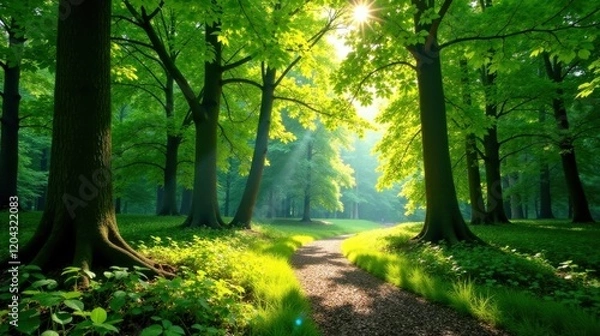 Fototapeta Sunlit Pathway Through a Lush Green Forest Canopy, Serene Nature Scene with Sunlight Beams and Vibrant Foliage