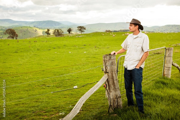 Obraz Aussie farmer looking out over a sheep paddock
