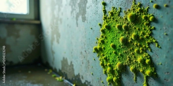 Fototapeta Lush Green Microbial Growth on a Weathered Wall Surface