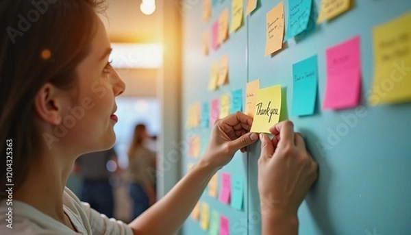 Fototapeta Woman adding sticky note with Thank You on colorful board for teamwork appreciation
