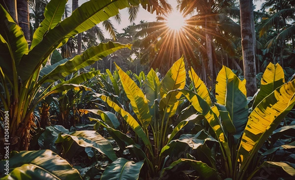 Fototapeta A lush green jungle with a sun shining through the trees. The sun is casting a warm glow on the leaves and the ground
