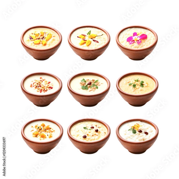 Obraz Nine bowls of delicious creamy rice pudding various toppings,