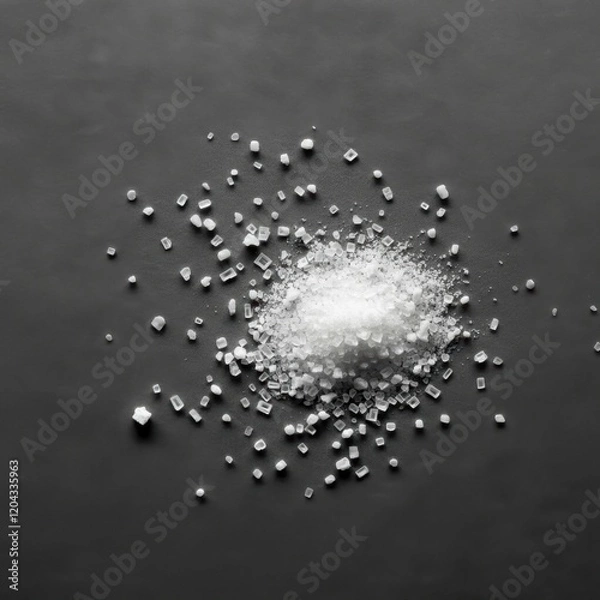 Fototapeta White powder substance, scattered granules, textured surface, high contrast, macro photography, overhead view, minimalist composition, pharmaceutical aesthetic, fine detail, grainy texture, scientific