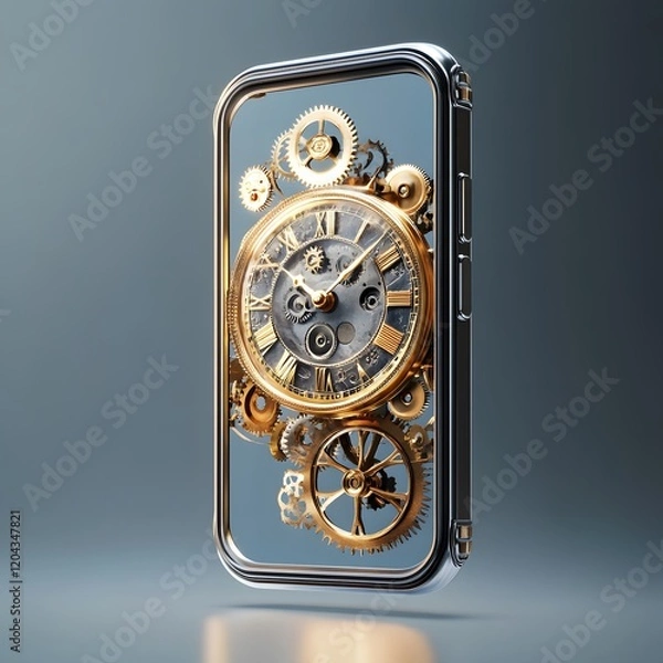 Fototapeta Back to the future technology concept with vintage pocket watch as part of mobile phone on dark gray background.