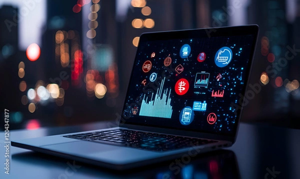 Fototapeta Digital Workspace, A person engaged in typing on a laptop surrounded by floating icons representing various digital tools and applications