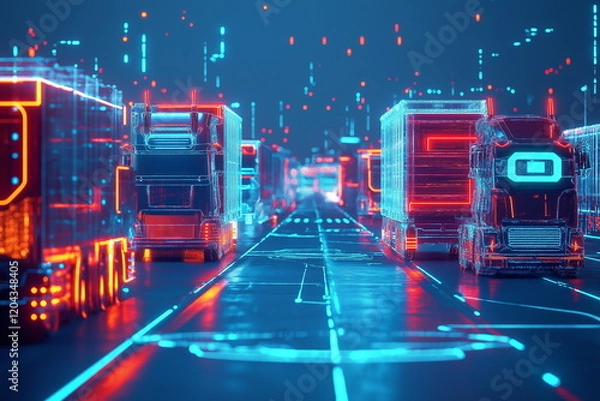 Fototapeta Futuristic transport scene with neon trucks urban environment digital art nighttime viewpoint innovative technology concept