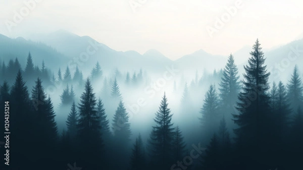Fototapeta Misty forest landscape at dawn with towering trees and distant mountains creating a serene atmosphere