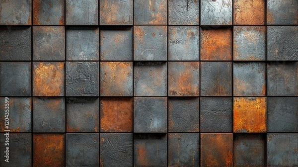 Fototapeta Rusty metal cube wall background, industrial design.