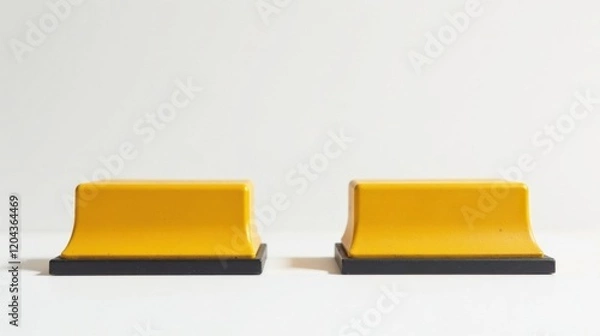 Fototapeta Pair of vibrant yellow objects with a dark base, subtly curved edges, and a smooth surface, ideal for minimalist display