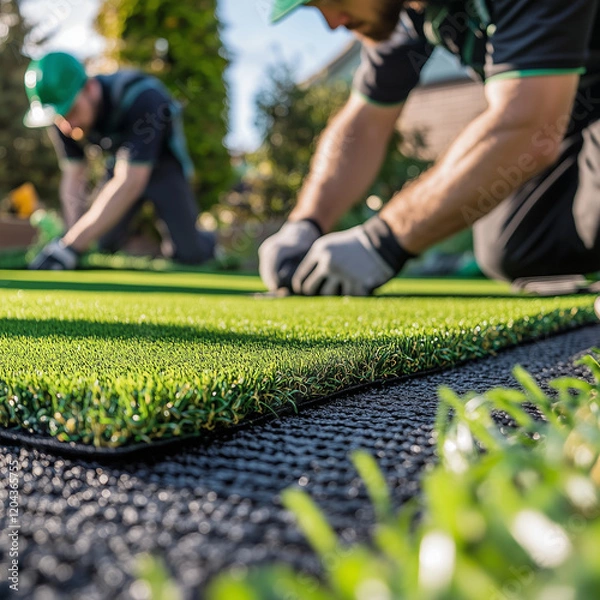 Obraz Workers Installing Artificial Turf in a Garden