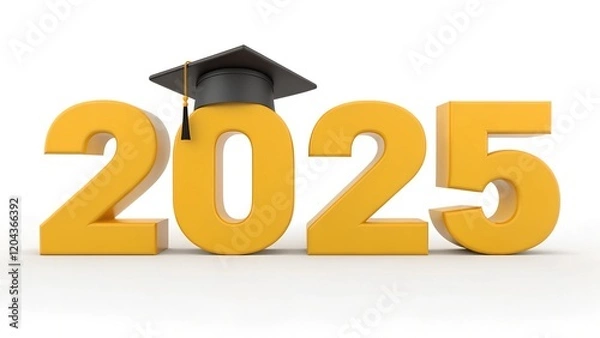 Obraz Yellow 3D text "2025" with a sleek black graduation cap on top, isolated on a white background. Represents academic achievement and the graduating class of 2025.