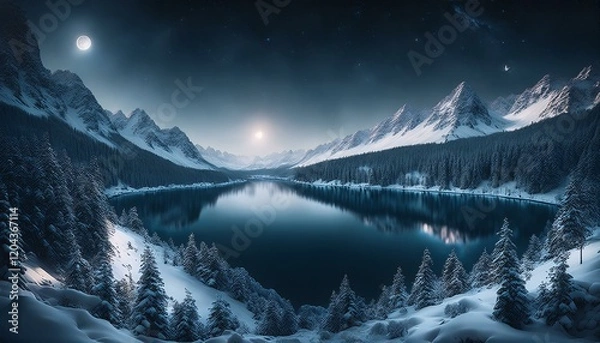 Fototapeta Midnight in a Snowy Mountain Valley with a Reflective Blue Lake. AI Generated.