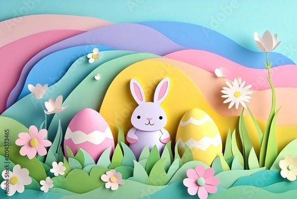 Obraz Abstract Paper Cut Illustration Bunnies Happy Easter Colorful Eggs