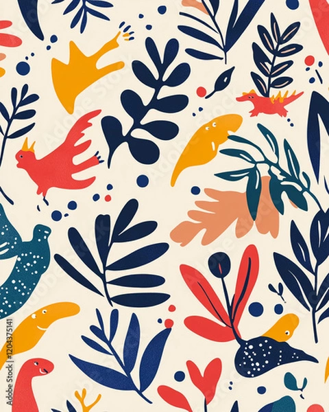 Obraz Colorful illustration with cartoon animals, birds, and plants on a beige background