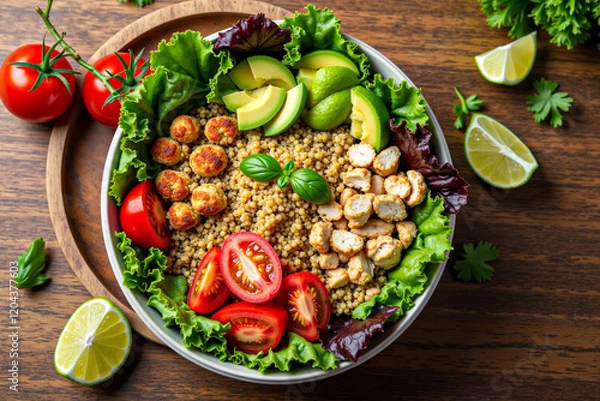 Obraz Healthy salad bowl with quinoa, tomatoes, chicken, avocado, lime and mixed greens (lettuce, parsley) on wooden background top view. Food and health.
