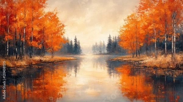 Fototapeta Tranquil autumn landscape with vibrant orange trees reflecting in a serene lake at sunset