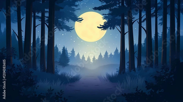 Fototapeta A tranquil forest under a glowing moon, showcasing tall trees and a misty path, perfect for evoking a sense of mystery and calm. Dream Forest. Illustration