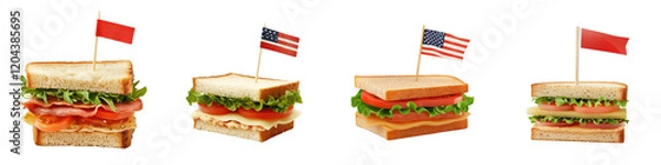 Fototapeta Sandwich toothpick with flag – A decorative toothpick with a flag, often used to hold the sandwich together. Isolated on Clear White Background Highly Detailed