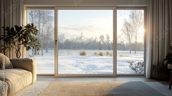 Fototapeta A cozy patio door with sliding functionality, framed by a serene winter landscape outside, creating a peaceful home retreat.