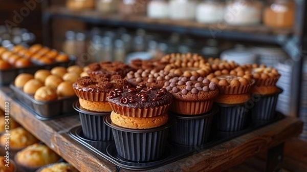 Fototapeta Delicious variety of cupcakes topped with chocolate chips placed in baking tray served on wooden table