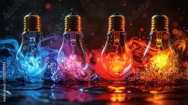 Fototapeta Four glass bulb illuminating placed on colorful watery surface against dark background