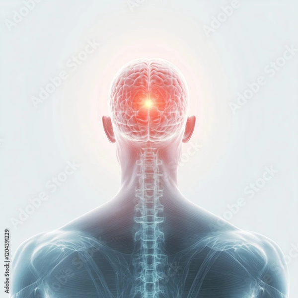 Fototapeta Back view of a transparent human head and neck showing the brain with a glowing neural center, symbolizing neuroscience, brain health, and cognitive function.  
