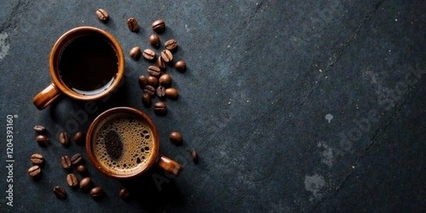 Fototapeta Two Cups of Dark Roasted Coffee with Roasted Coffee Beans on Dark Surface