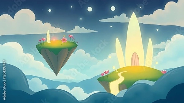 Obraz Abstract illustration wallpaper, showcasing a surreal landscape with floating islands and luminous flora, rendered in a whimsical, almost childlike style, with pastel co.