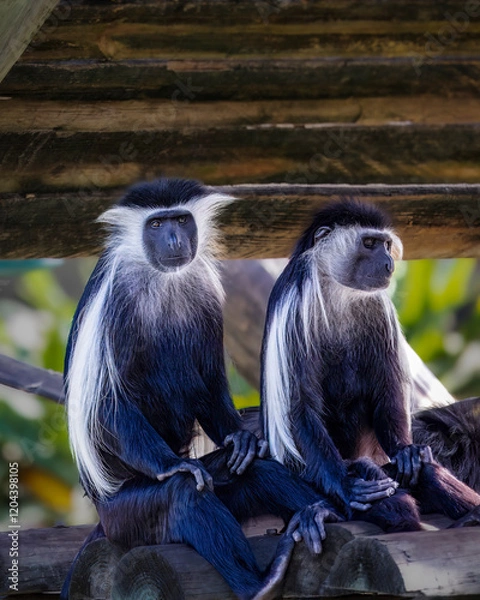 Fototapeta Two Angola colobus sitting on a log, one of them has a white stripe on its face
