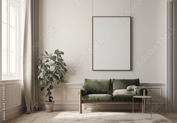 Fototapeta  living room with white wall, empty picture frame, soft green sofa, and modern pendant light. Simple interior design with neutral colors.