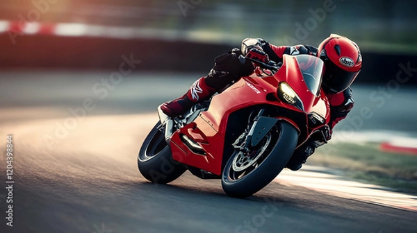 Fototapeta Red motorcycle racing on a track, showcasing speed and power