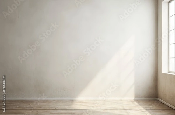Fototapeta Spacious modern interior with a large white wall and wooden flooring, featuring a large window