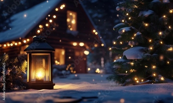 Fototapeta Cozy winter scene with glowing lantern, snow-covered cabin, and festive Christmas tree adorned with lights