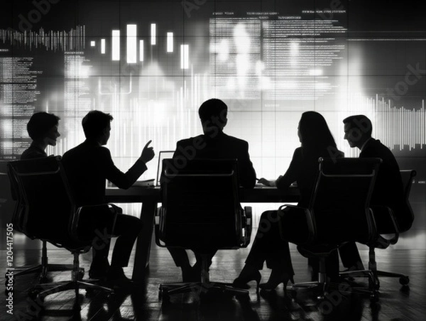 Fototapeta Business team discusses strategies in a modern conference room with digital displays
