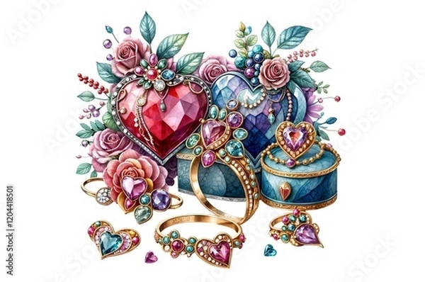 Fototapeta Luxurious composition of heart-shaped with gem jewellery heart, gemstone, gold, luxury stones, roses, and intricate golden details. Perfect for Valentine's Day, romance, or luxury-themed designs.