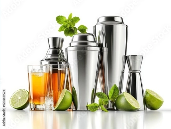 Fototapeta Elegant cocktail making set featuring metallic shakers, glasses, and fresh lime, arranged with minimalistic sophistication, ideal for mixology themes and drink photography