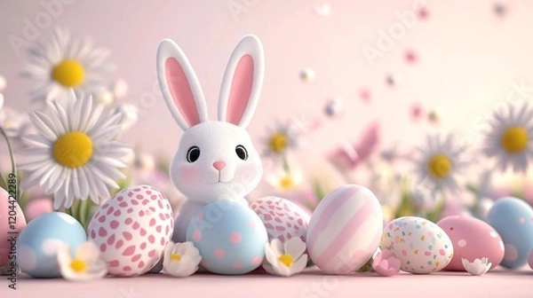 Obraz A cute Easter bunny surrounded by Easter eggs sits among daisies and soft floral decorations against a dreamy pink background