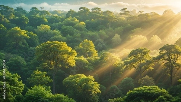 Fototapeta A serene and vibrant panorama of a dense forest showcasing lush greenery and vibrant wildlife in harmony