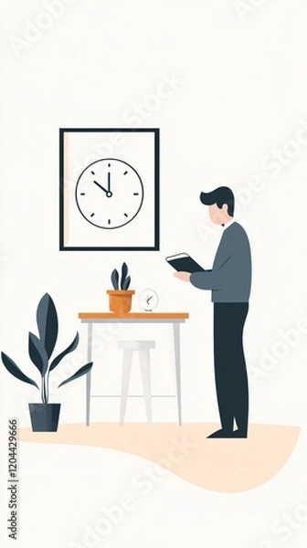 Fototapeta Man reading a book in a minimalist home office setting, enjoying quiet time. Perfect for lifestyle and interior design themes.