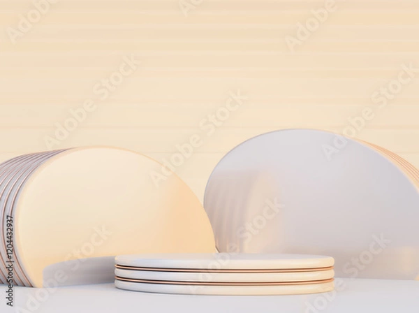 Obraz Mock up scene for branding and presentation isolated on beige background; winner podium; light round pedestal with copper strips for products exhibition; 3d rendering, 3d illustration