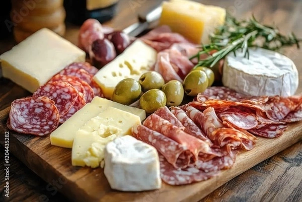Fototapeta Cheese and Charcuterie Board - An elegant arrangement of different cheeses, cured meats, and olives on a wooden board.