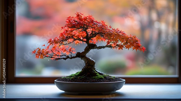Obraz A bonsai tree with vibrant red maple leaves, placed on a tatami mat inside a Zen-inspired room, during a quiet autumn afternoon