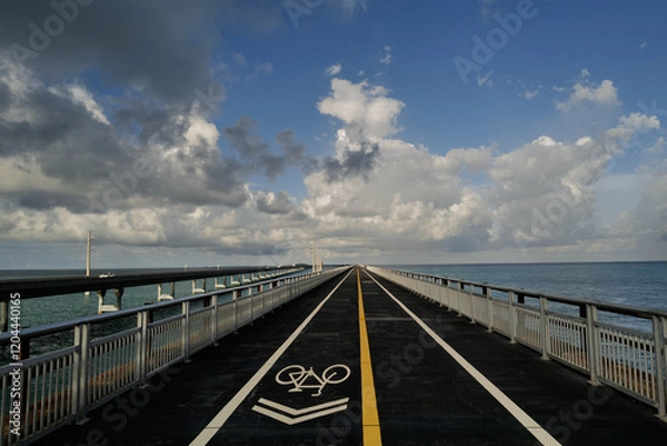Fototapeta Pedestrian excercise and walkway alongside the seven mile bridge (7-mile bridge) in the Florida Keys offering pedestrians and cyclists their own path out over the water