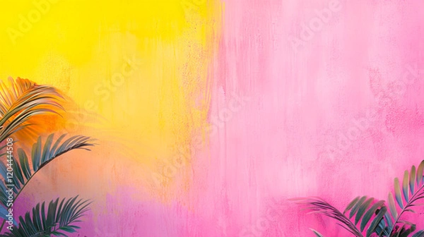 Fototapeta Bright yellow and pink gradient wall with tropical palm leaves creating a vibrant summer atmosphere