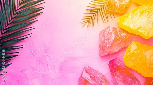 Fototapeta Vibrant pink and yellow crystals with tropical palm leaves on a pastel textured background, creating a fresh and exotic aesthetic