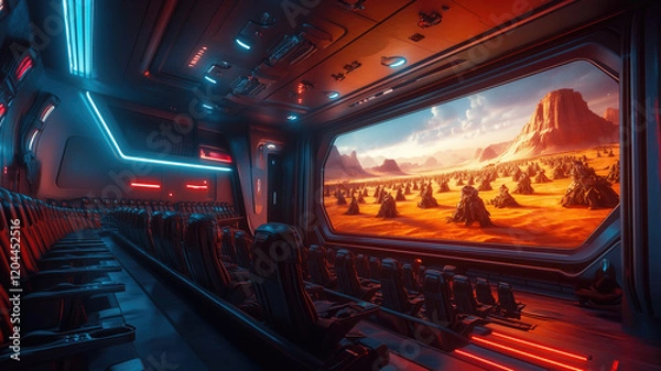 Fototapeta A cinema with a large, horizontally curved display screen, towering over an audience platform filled with high-tech seats. The platform resembles a dynamic amusement park thrill ride, with rows of sea