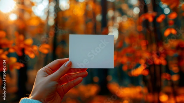 Fototapeta A hand holding a white card in a forest. The card is blank, and the forest is full of autumn leaves.