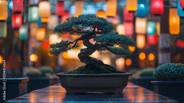 Obraz A windswept bonsai tree on display at a traditional Japanese festival, with colorful paper lanterns glowing in the background, during a vibrant evening